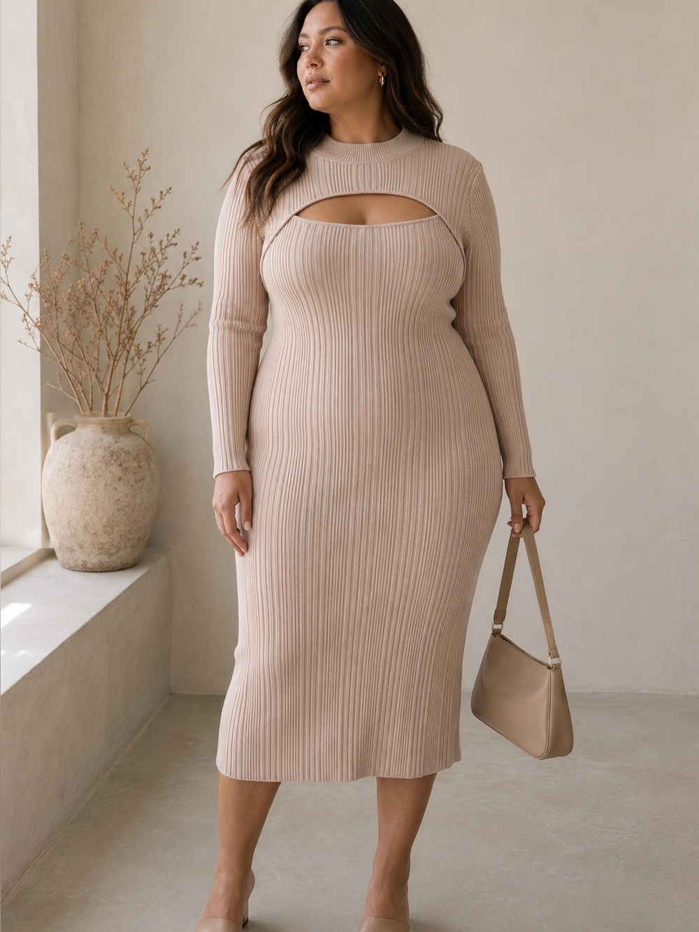House Of Harlow 1960 Tan Ribbed Knit Boho Minimalist Dress Size L